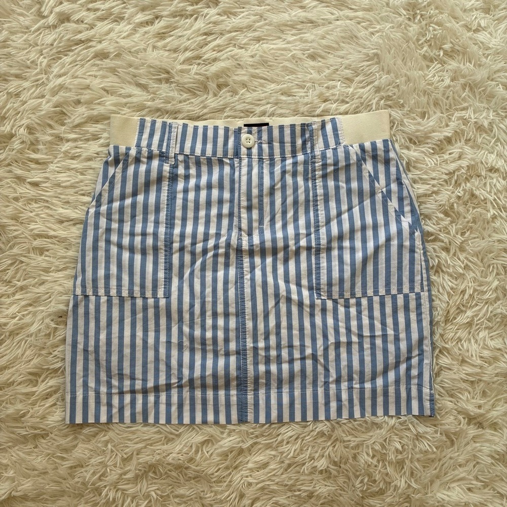 Retro Blue White Striped Mini Skirt Elastic Waist Patch Pockets Size 8 Medium